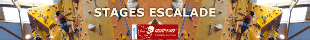 Une bannière dans laquelle sont visibles deux jeunes en train d'escalader une structure artificielle d'escalade, ainsi que le logo du club Grimp'Eure.